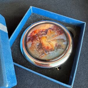 Vintage Russian Fedoskino Lacquer Painted Double Mirror Compact 3"